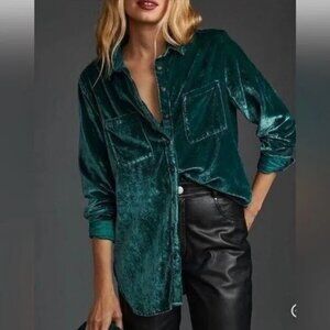 Pilcro Shirt Womens Large Green Mara Velvet Button Long Sleeve Pocket Blouse